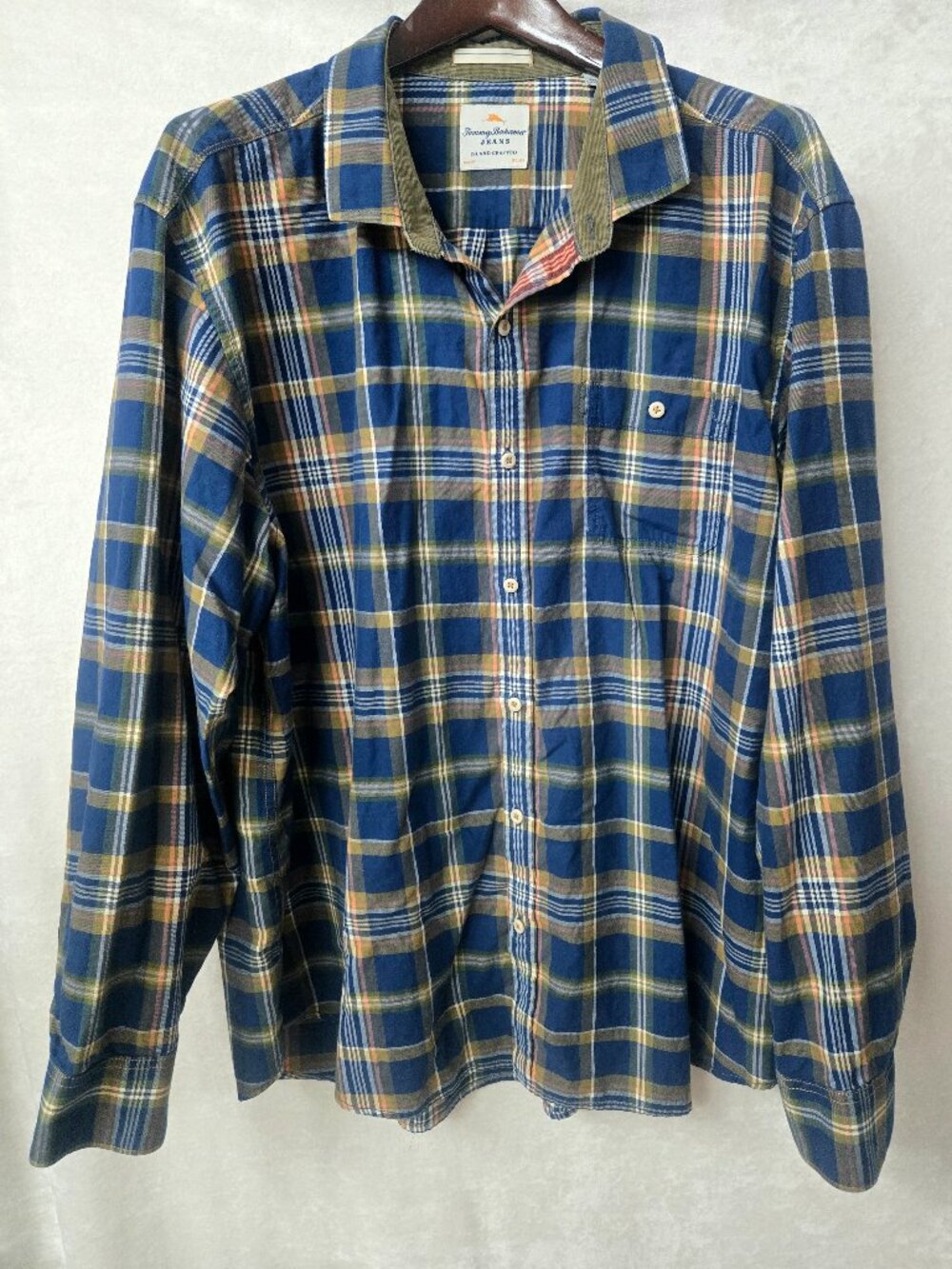 Tommy Bahama Shirt Blue Tan Plaid Long Sleeve Size 2XL Preppy Dadcore Coastal